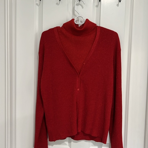 Red sparkle J. McLaughlin sleeveless turtleneck sweater and cardigan. - Picture 2 of 6